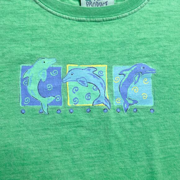 Vintage Y2K Dolphin Print Cropped T-Shirt Green Tropical Vacation Coastal Surfer - Picture 2 of 7
